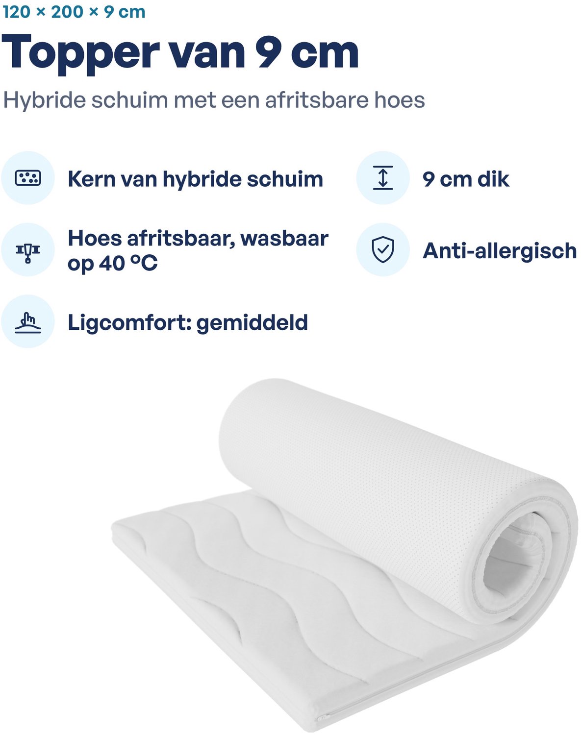Toros Bedden Topdek - Matras - Topper Hybrıde Bamboo Deluxe XXL 120x200 9 cm dik wit