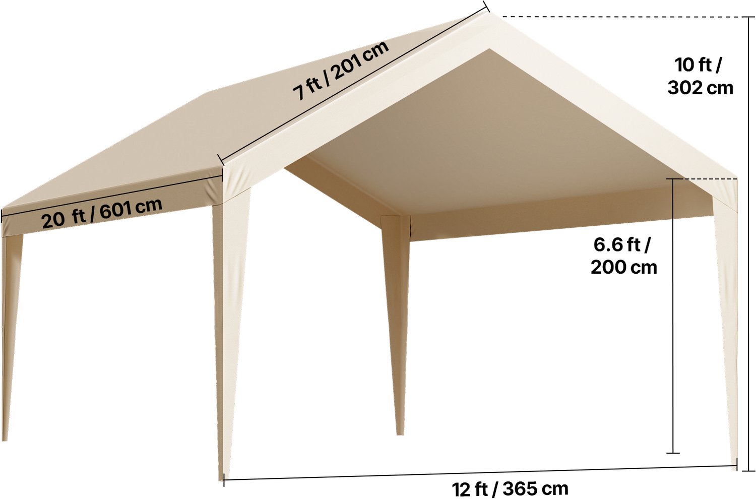 Carportkap 12x20ft Beige - UV-bestendig - PE-geweven Stof - Met Zijwanden - Vervangingskap - Afdakzeil