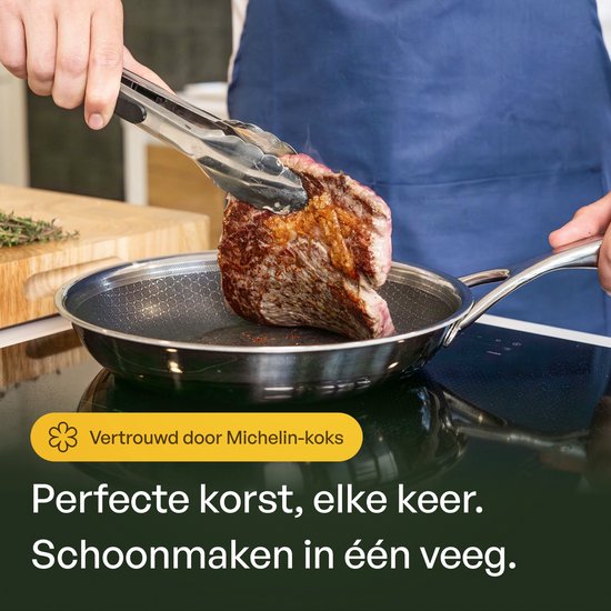 Chef-kok gebruikt een tang om een steak in een roestvrijstalen honingraatpan te draaien. Perfecte korst, elke keer.