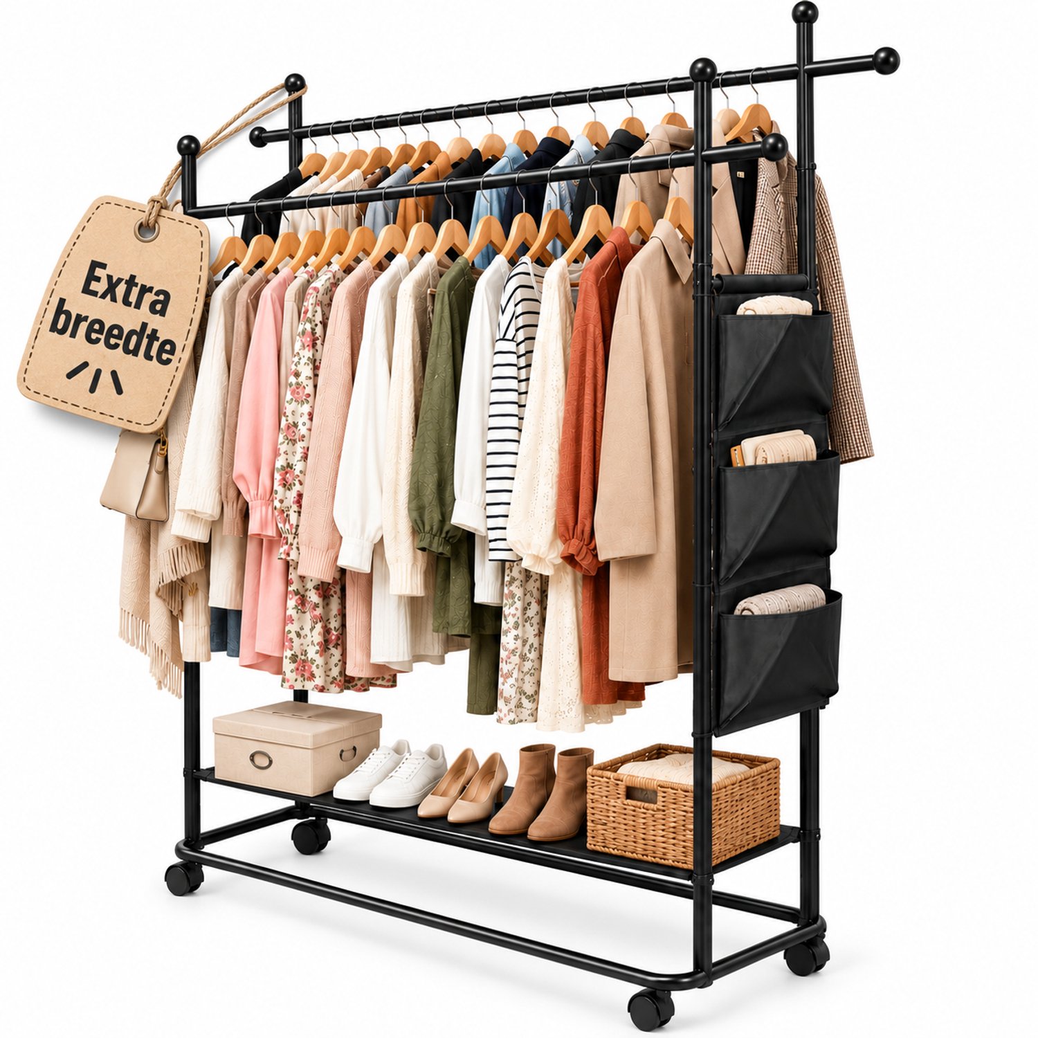 Signature Home Kledingrek op Wielen – Kledingrek met 2 Stangen – Dubbele Kledingstang – Industrieel Kledingrek Metaal – Hangorganizer Links of Rechts – 165 x 50 x 190 cm – Zwart