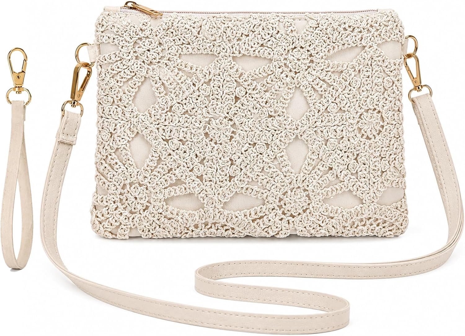 Schoudertas voor dames, 15 × 1,5 × 22 cm, handtas voor dames, opengewerkte bloemen, wit, leer, met schouderriem, voor - ShopVlot
