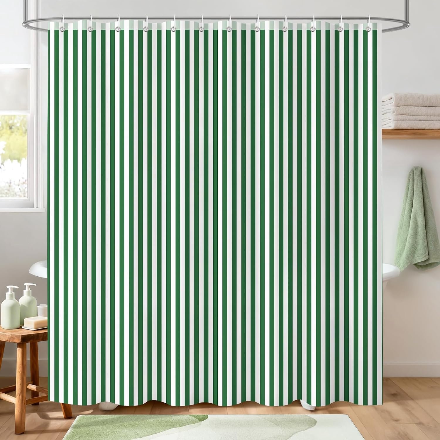 Green and White Striped Shower Curtain, Vintage Green Vertical Striped Geometric Waterproof Polyester Fabric Bath - ShopVlot