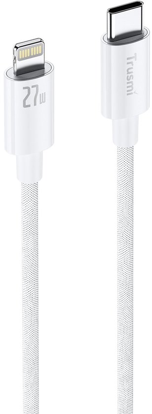 Witte gevlochten oplaadkabel met USB-C naar Lightning-connectoren, gelabeld met 'Trusmi' en '27W'.