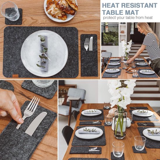 SnelShoppen - Set van 24 Vierkante Vilt Placemat Set met 8 Placemats, 8 Coasters en 8 Bestekzakken, Wasbaar, Hittebestendig, Stijlvolle Tafeldecoratie — cadeau in Wonen & Interieur - foto 7