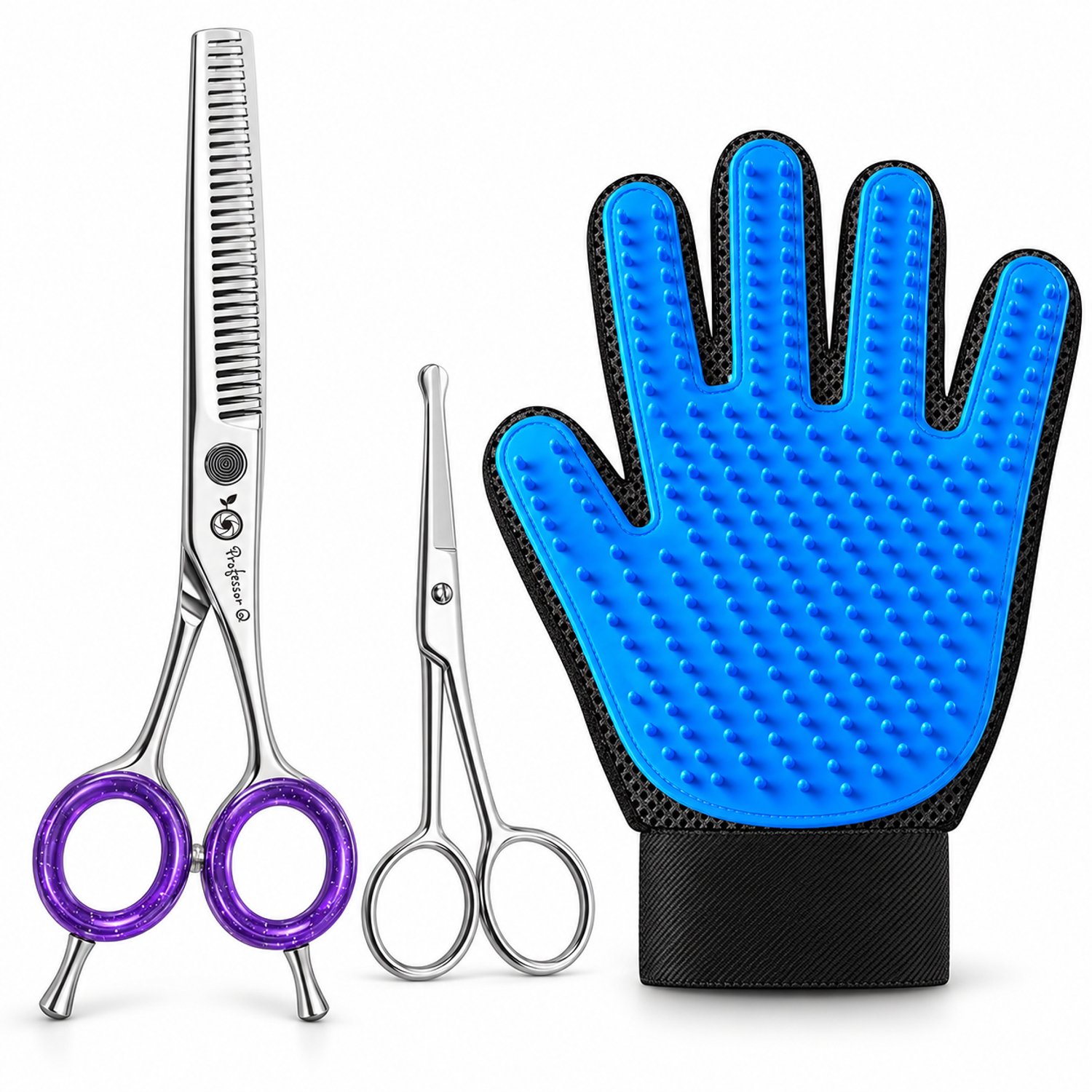 Professor Q Hondentrimset - Effileerschaar 17,5 cm Paars - Potenschaar Zilver en Vachthandschoen Blauw - 3-delig