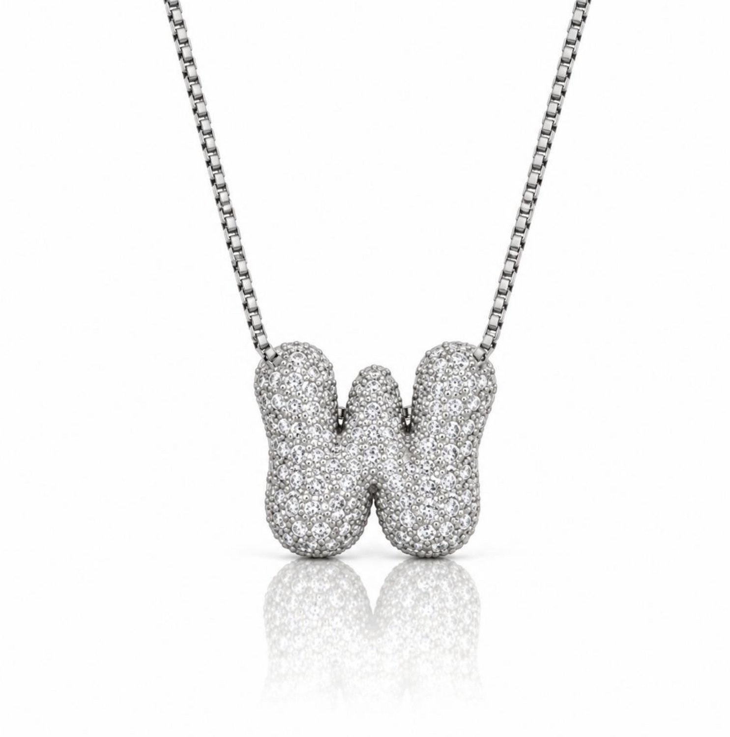 Maevi® Letter Ketting - Letter: W - Glitter Letterketting - Zirkonia Ketting - Lengte: 40 cm - Incl. Luxe Verpakking - Verzilverd - Bubbel Letter - Zilveren ketting / Zilveren letter - Hoge Kwaliteit - Luxe Ketting - Cadeau voor Moeder / Mama