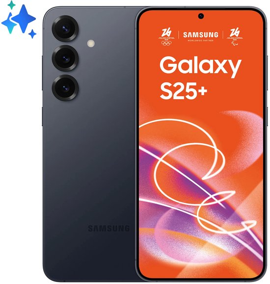 Galaxy S25+ in blauwzwart met Samsung Milano Cortina 2026 partnerlogo op het oranje scherm.