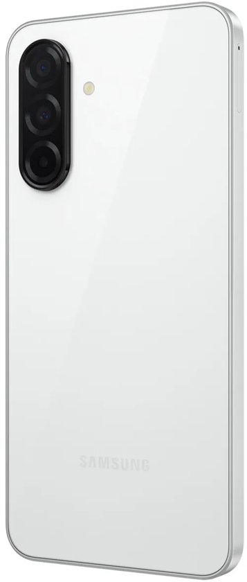 Achterkant van de witte Samsung Galaxy met drie camera's in een verticaal blok en Samsung-logo.