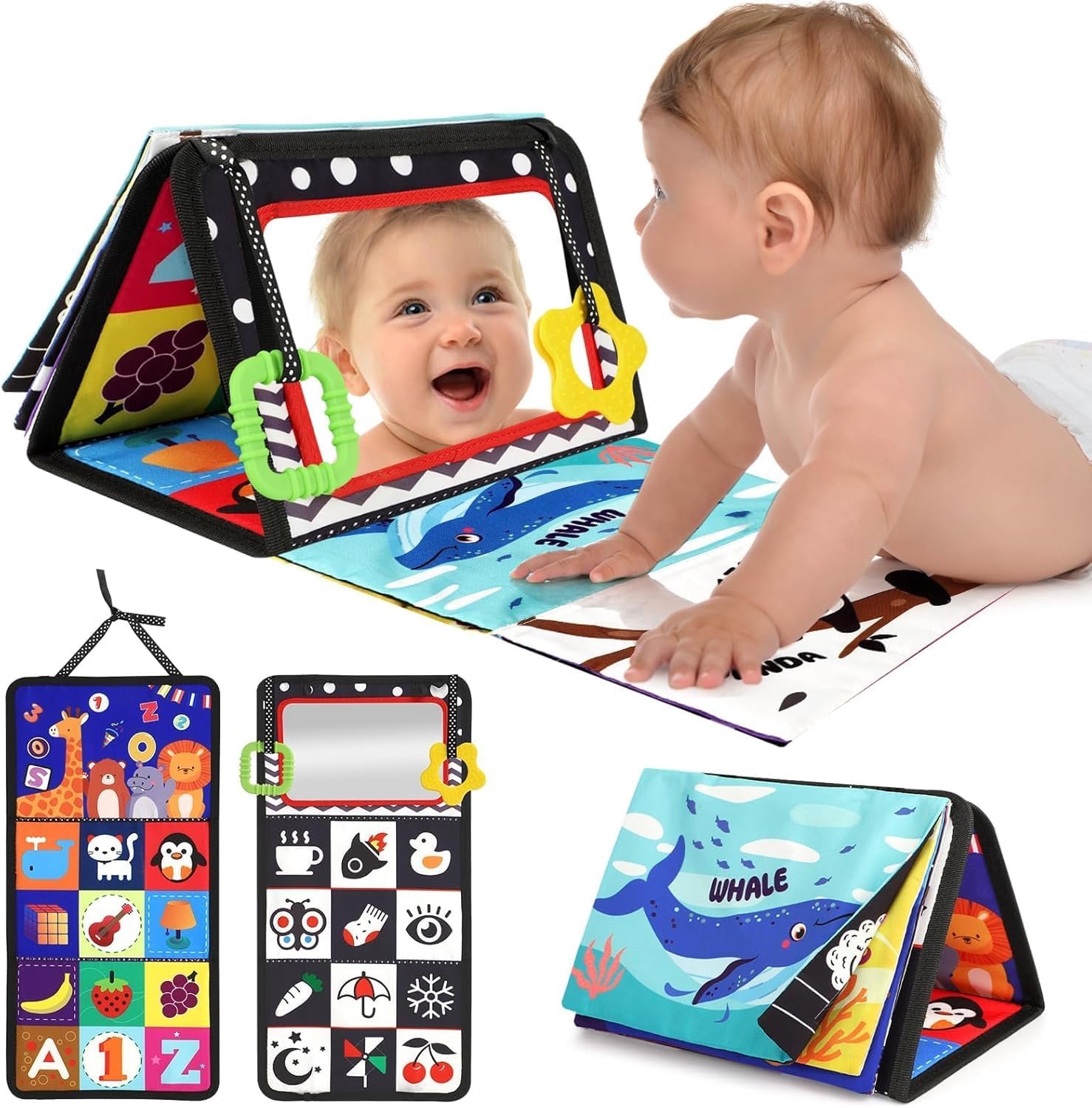 Flero Tummy Time Spiegelboek - Opvouwbaar Baby Speelgoed met Spiegel en Zwart-Wit Contrastkaarten - Sensorisch Montessori Speelgoed voor Babys - Educatief Montessori Speelgoed, Speelgoed zonder Scherm, Verjaardagscadeau, Sinterklaascadeau