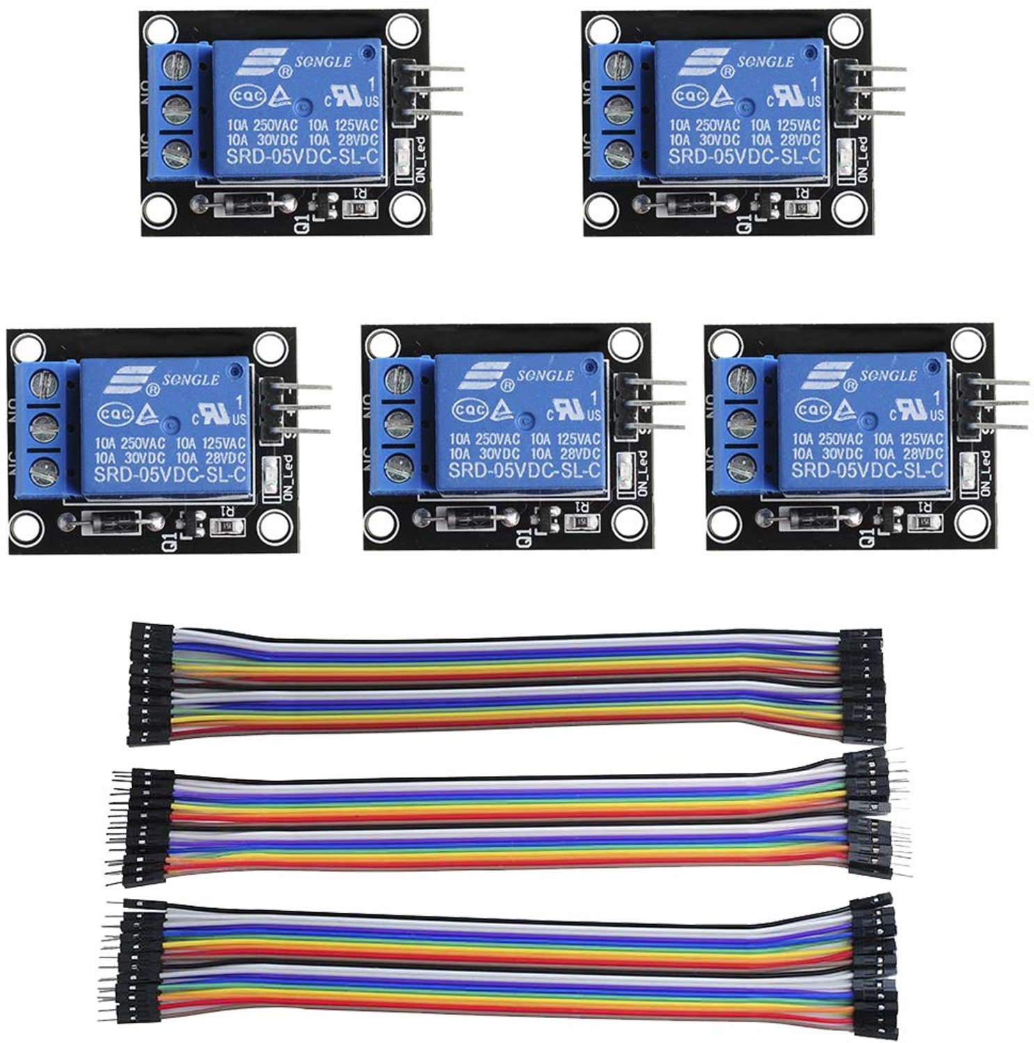relay module SRD-05VDC-SL-C with 20 cm 20-pole Dupont cable for Arduino, 5 pieces - ShopVlot