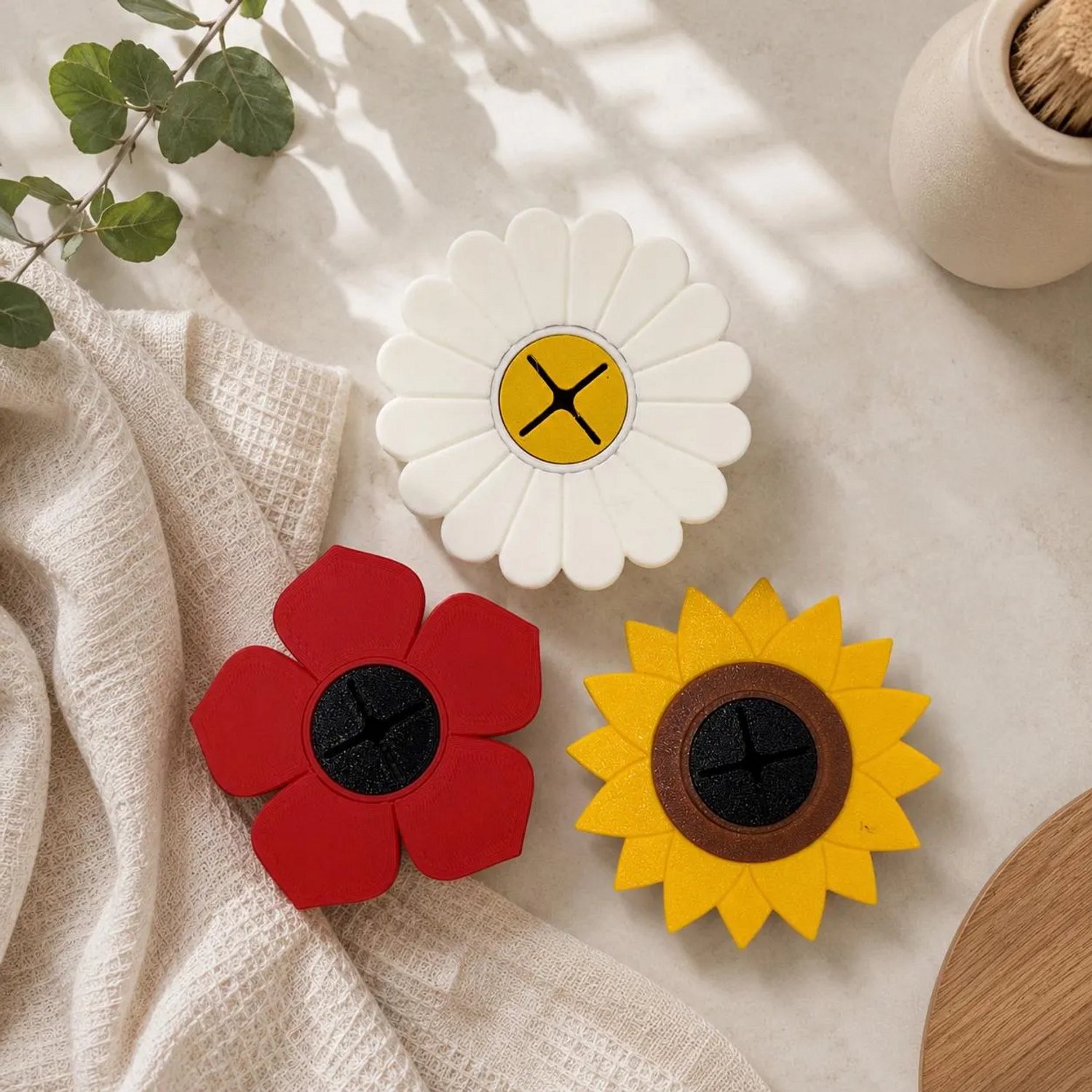 Handdoekhouders Set van 3 – Bloemvorm – Wandhouder voor Handdoeken – Push-In Handdoekhouder