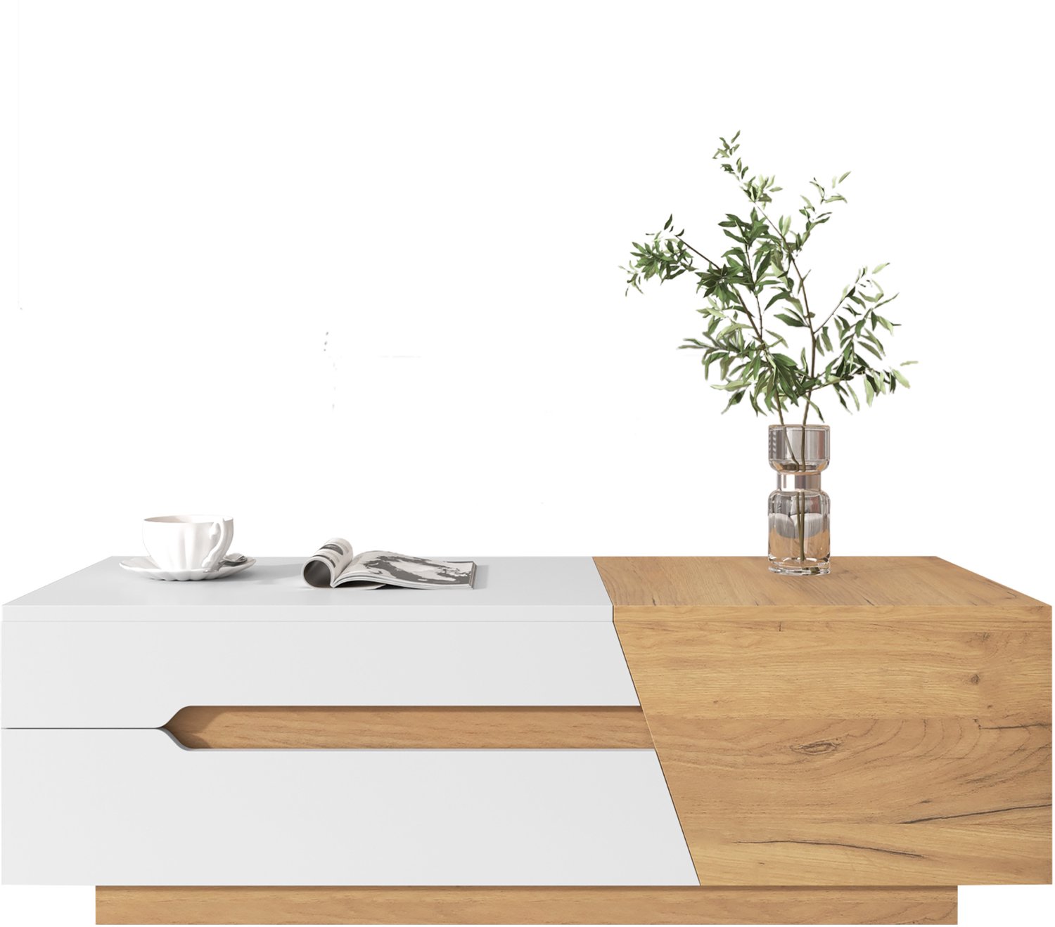 SONNENH Uitschuifbare salontafel met schuifblad en2 laden - MDF - 120 cm - Wit en houtlook