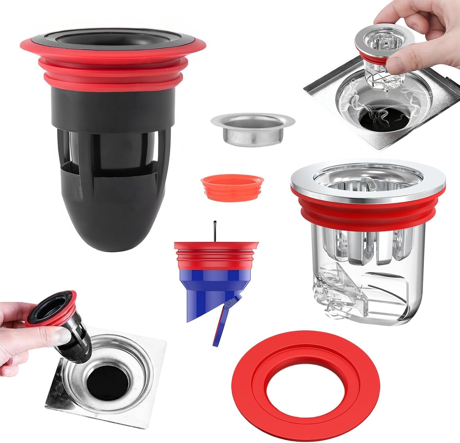 Set van 3 geurstoppen douche- en afvoerputje, 32-55 mm, universele geurklep met adapter, geurstop voor badkamer - Homevero