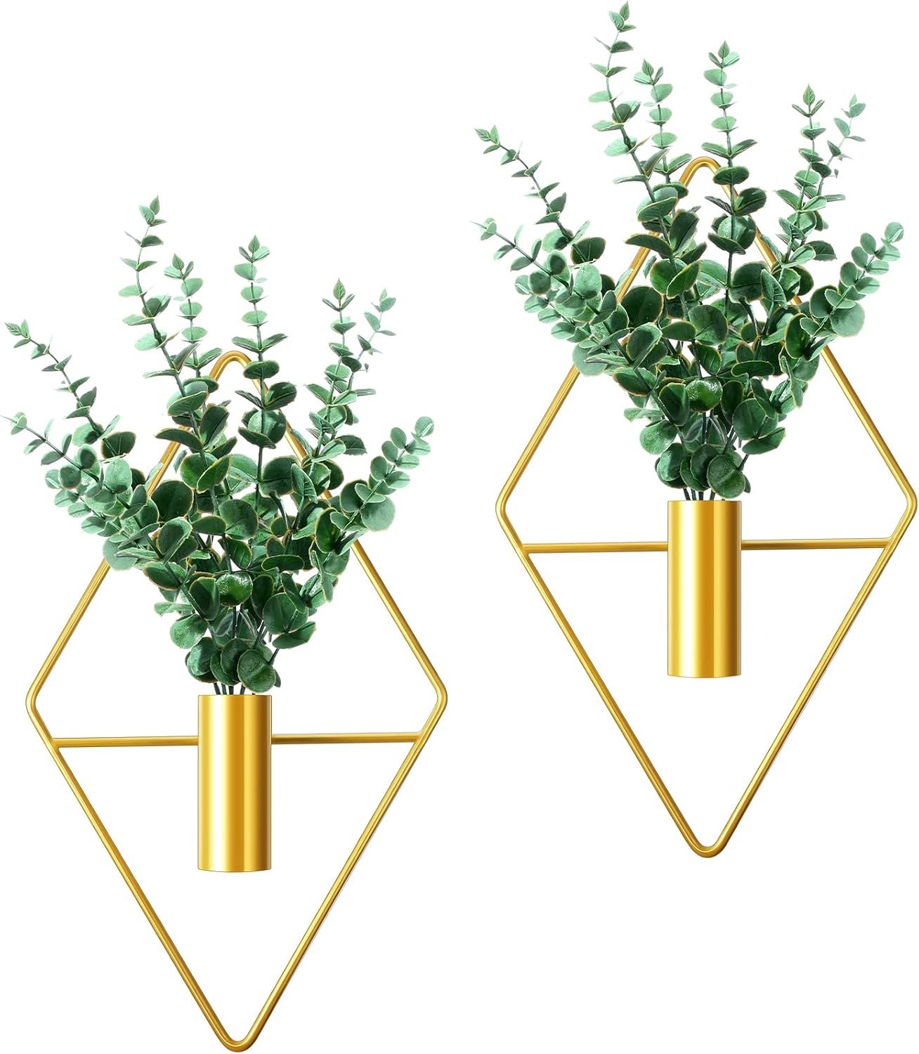 SnelShoppen - Diamond Shape Hanging Planters Kunstplanten Set van 2 - Geometrische Muurdecoratie Gold met Eucalyptus - Stijlvolle Wandvazen voor Binne
