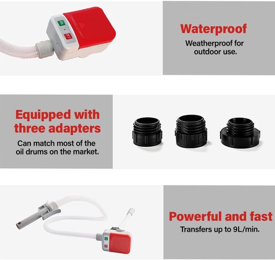 Overlooppomp met automatische stop, elektrische brandstofpomp, brandstofoverdrachtspomp 2.4 GPM met 3 adapterformaten, inclusief slangen en tapgun voor benzine en dieselolie van Merkloos — afbeelding 3