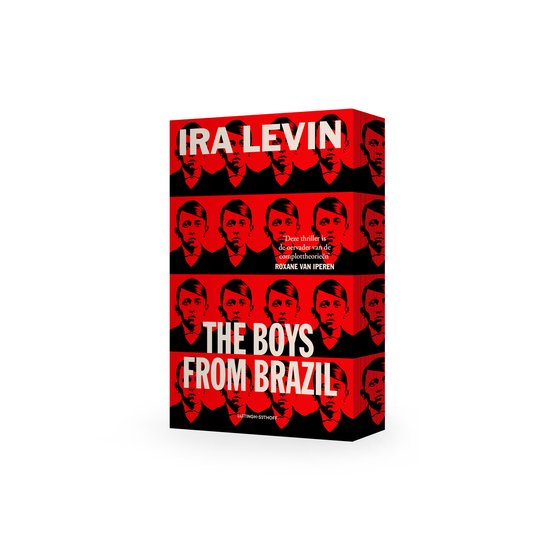 Boekomslag van The Boys from Brazil door Ira Levin, met een patroon van rode gezichten en witte tekst op een zwarte achtergrond.