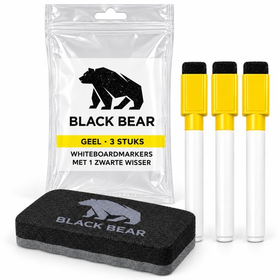 Set van 3 gele whiteboardmarkers en één zwarte wisser in een Black Bear verpakking.