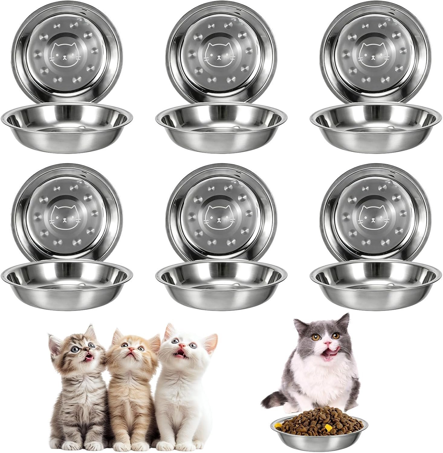 SnelShoppen - 6 Stuks Ronde Kattenbakken Roestvrij Staal 304 - Diepte 3 cm - Voer- en Drinkbak voor Katten en Kleine Honden - Vaatwasmachinebestendig