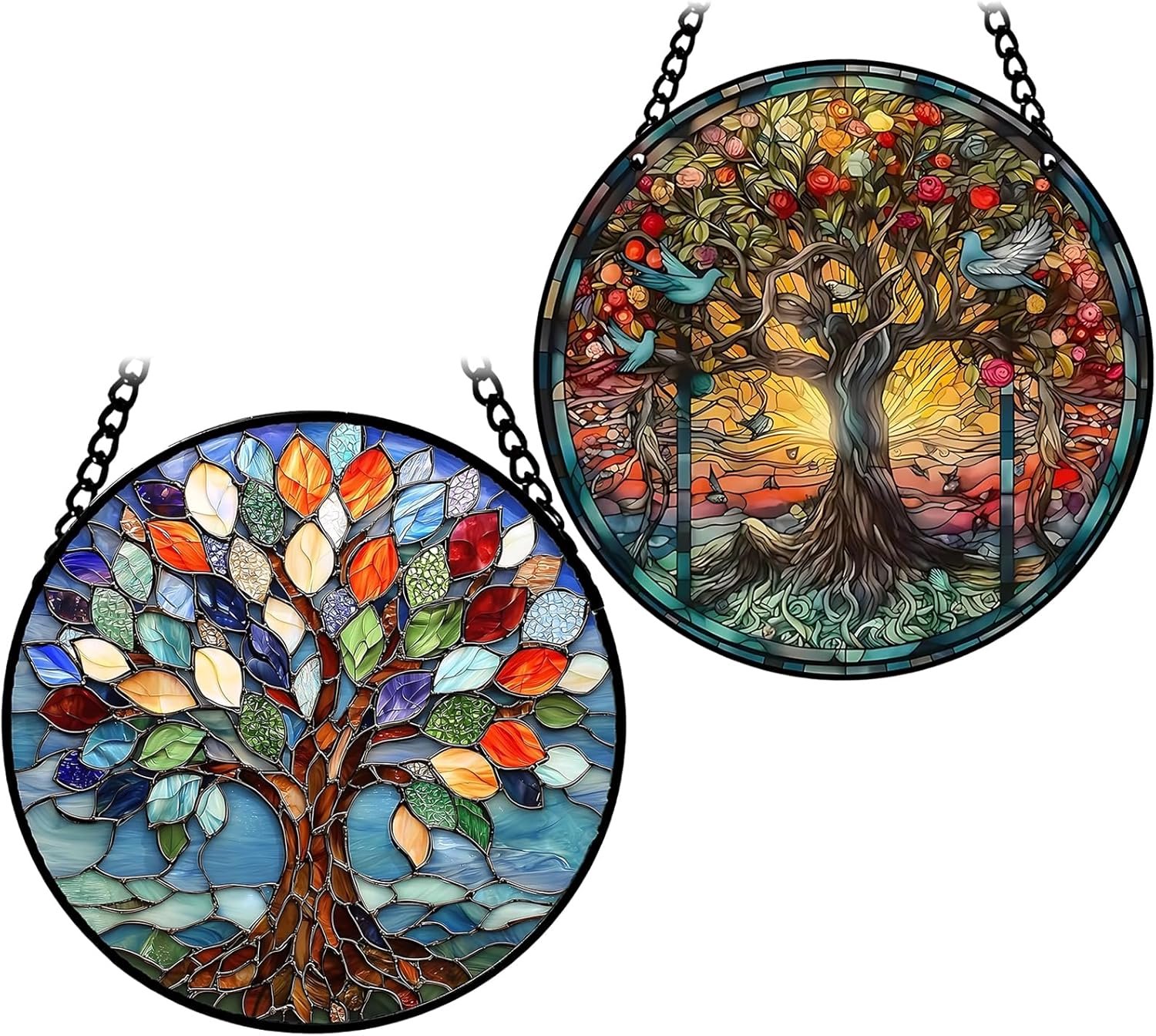 SnelShoppen - Set van 2 Sun Catchers Gevlochten Glas Tree of Life - Kleurrijke Decoratie voor Binnen en Buiten - Perfect voor Woonkamer, Slaapkamer, K