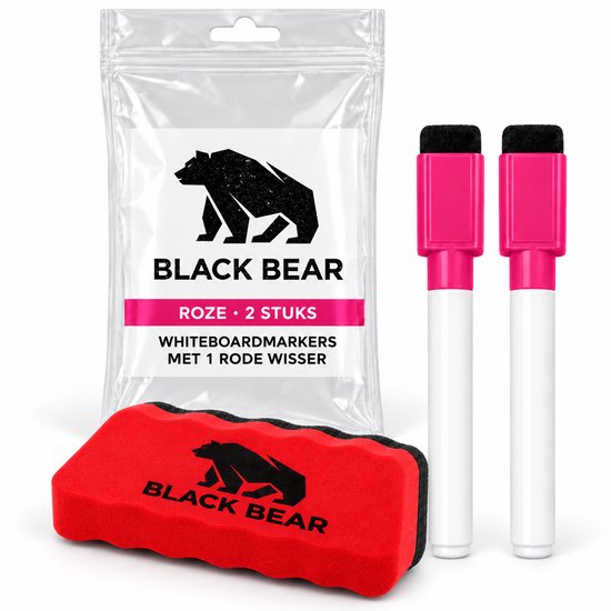 Set met twee roze Black Bear whiteboardmarkers en een rode wisser.
