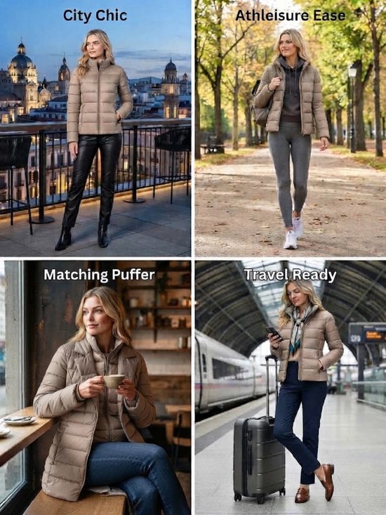 Vier stijlen: City Chic, Athleisure Ease, Matching Puffer, Travel Ready, tonen de beige jas in diverse outfits.