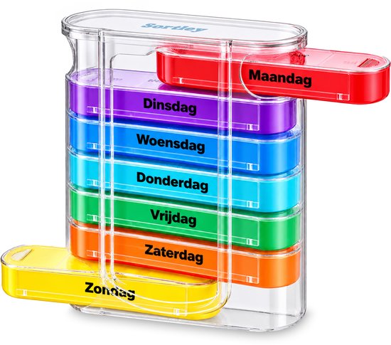Sortley pillendoos met zeven kleurrijke, uitschuifbare vakjes gelabeld van Maandag tot Zondag.