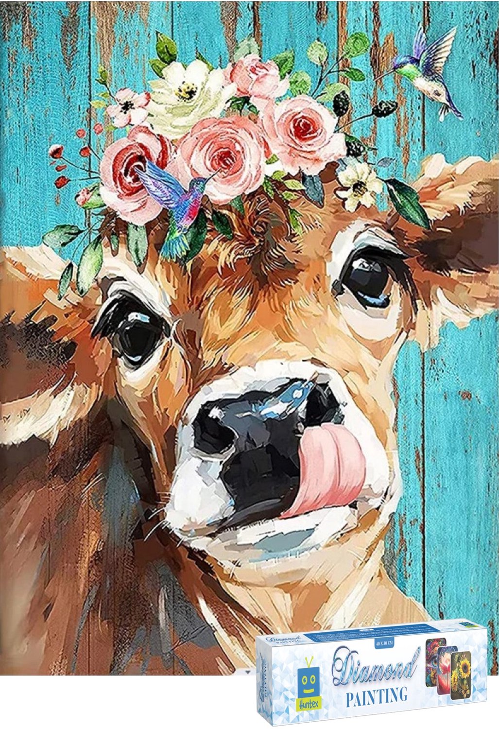 Huntex Diamond Painting Volwassenen - Diamond Painting Kinderen - Diamond Painting Pakket Volledig - Vrolijke Koe met Bloemen - 30x40 cm