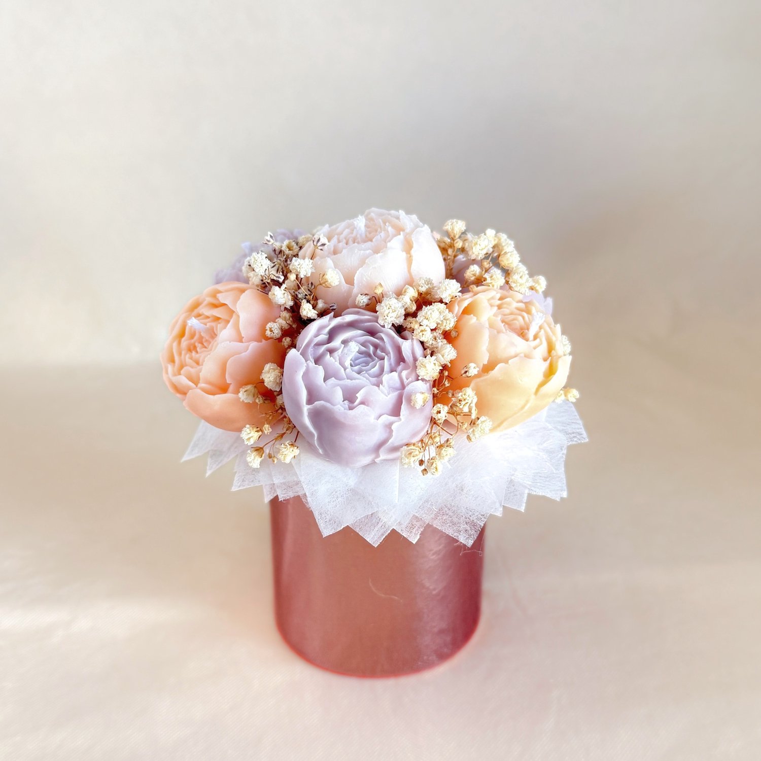 Mini Flower Box-7 Pioenrooskaarsen-Handgemaakte Koolzaadwas Kaarsen - Pastelkleuren & Bloemige Geur - Cadeau & Decoratie