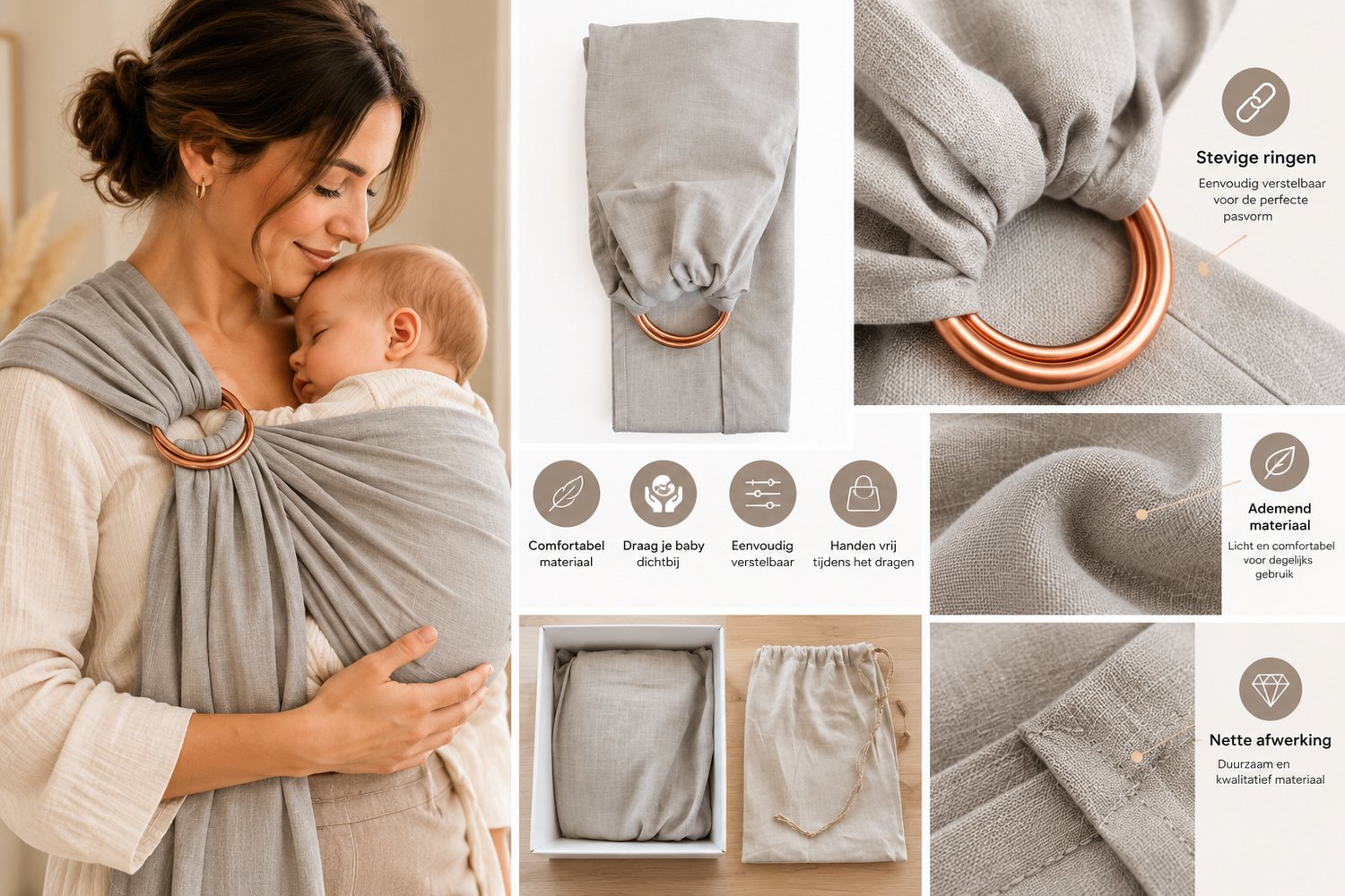 Ringsling Baby Draagdoek Grijs – Draagdoek met Ringen – Verstelbare Babydrager – Draagdoek Baby