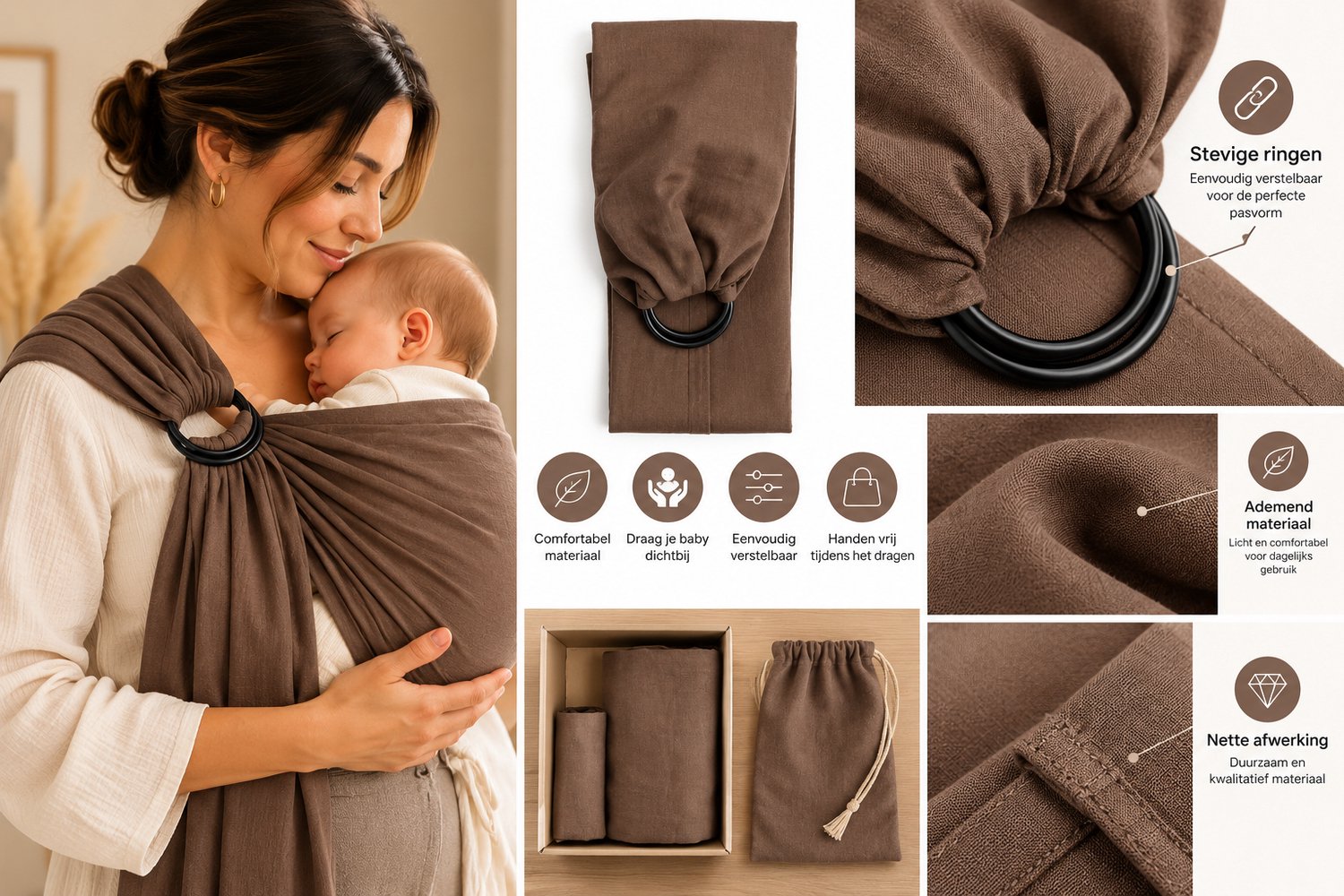 Ringsling Baby Draagdoek Bruin – Draagdoek met Ringen – Verstelbare Babydrager – Draagdoek Baby