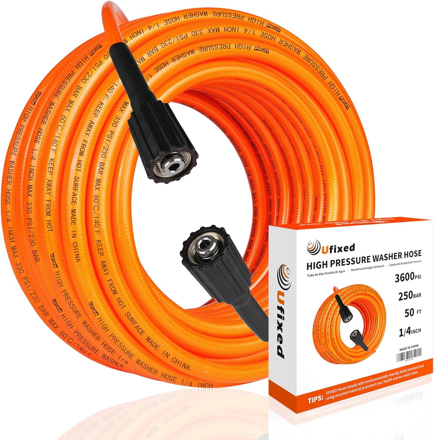 SnelShoppen - Super Flexibele M22 Hogedrukslang 50 FT, Kinkbestendig Oranje Slang 1/4 Inch M22 14MM Messing Rotatie Connector tot 3600 PSI, Lichtgewic