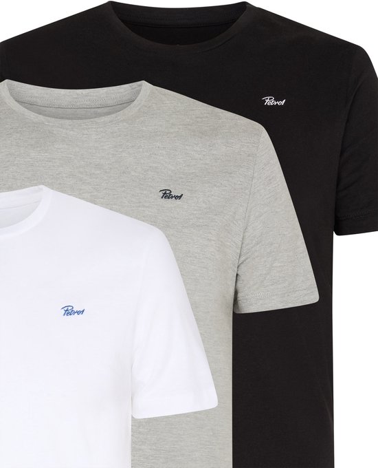 Drie Petrol Industries T-shirts met ronde hals in zwart, grijs en wit, elk met een geborduurd Petrol logo op de borst.