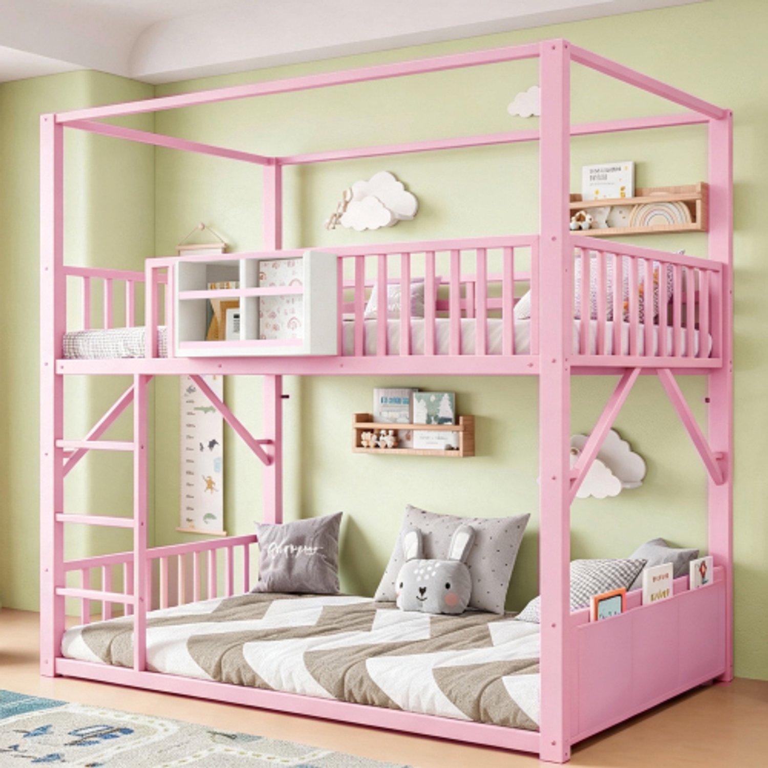 OOIILLEE Metalen stapelbed 90 x 200 cm voor kinderen en tieners, ruimtebesparend eenpersoonsbedframe met dakconstructie, modern kinderstapelbed roze