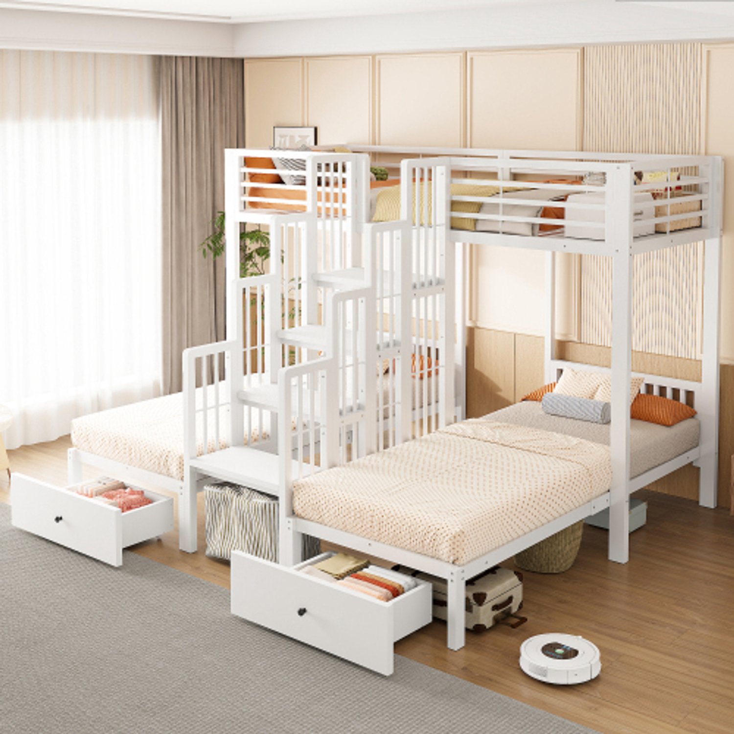 OOIILLEE Stapelbed met metalen frame, kinderbed 90 x 200 met centrale trap, veiligheidsleuningen, lades en robuuste staalconstructie voor kinderen, jeugd- en logeerkamers, houtkleur wit
