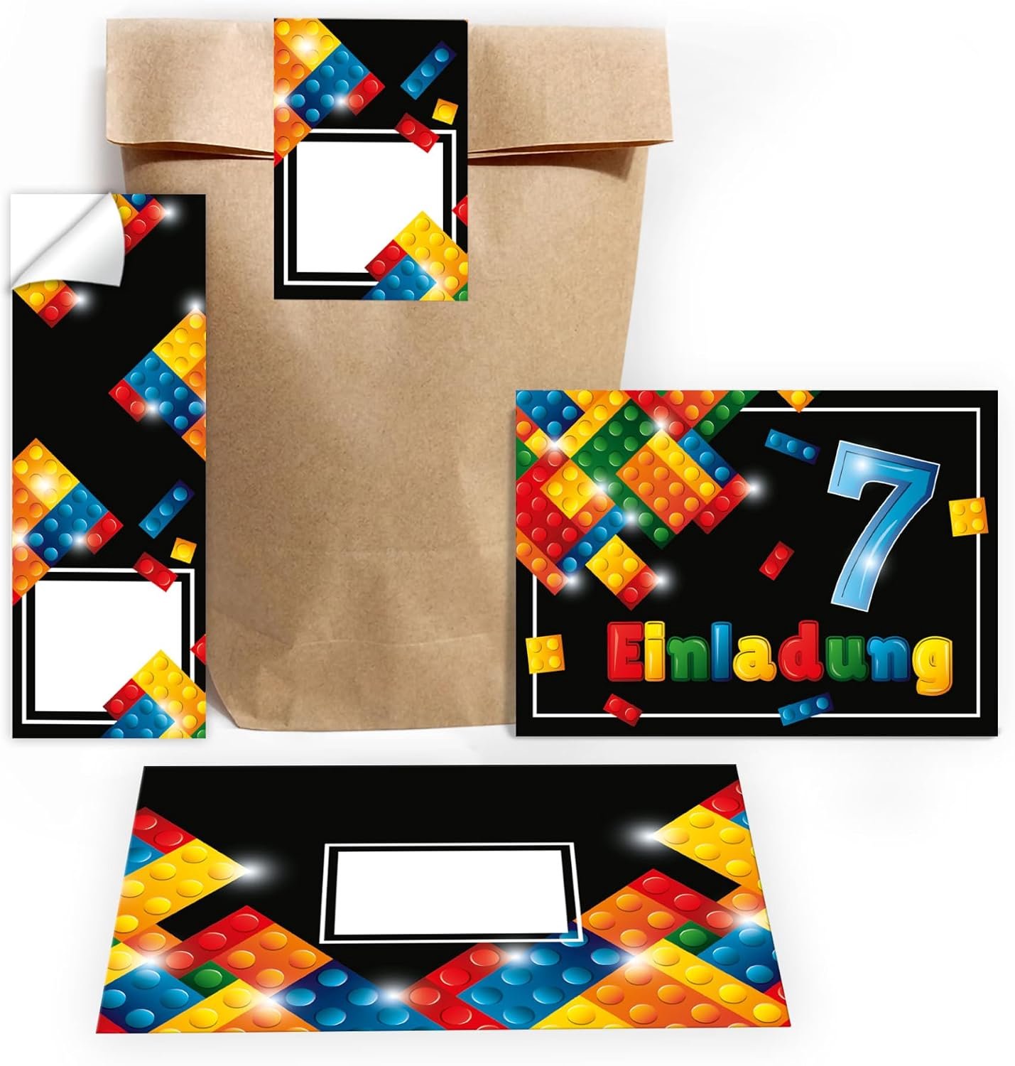 10 Uitnodigingskaarten voor verjaardag 7 jaar, bouwstenen, inclusief 10 enveloppen, 10 zakjes en 10 stickers