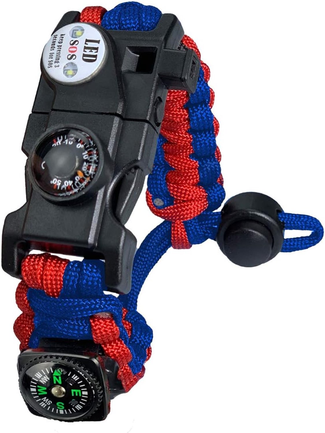 Overlevingsarmband met vuurstaal, kompas, thermometer, fluit, reddingskoord, LED-lampje, multitool en kompaslezer.