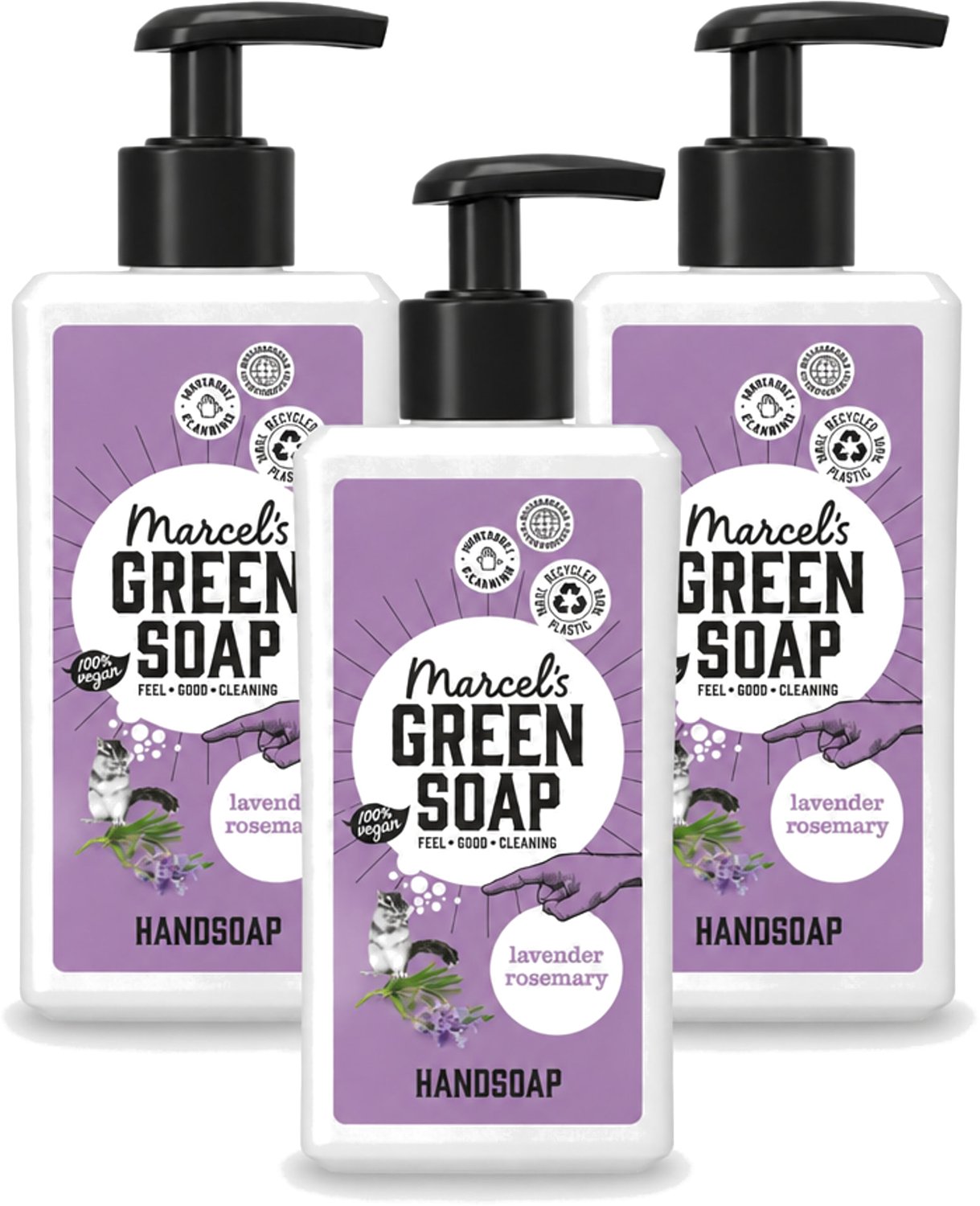 3 x Marcel's Green Soap - Handzeep - Lavendel & Rozemarijn - Zachte verzorging - 250 ml - Voordeelverpakking - 3 stuks
