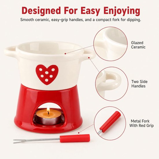 Chocoladefonduebeker - Mini-fonduebeker -Fonduebeker – Keramische chocoladesmeltbeker - Creatieve fonduebeker - Smeltbeker voor warme chocolademelk - Verwarmde smeltbeker - Verwarmde boter- en kaasbeker - Met vork - Kaars niet inbegrepen - Rood — afbeelding 4