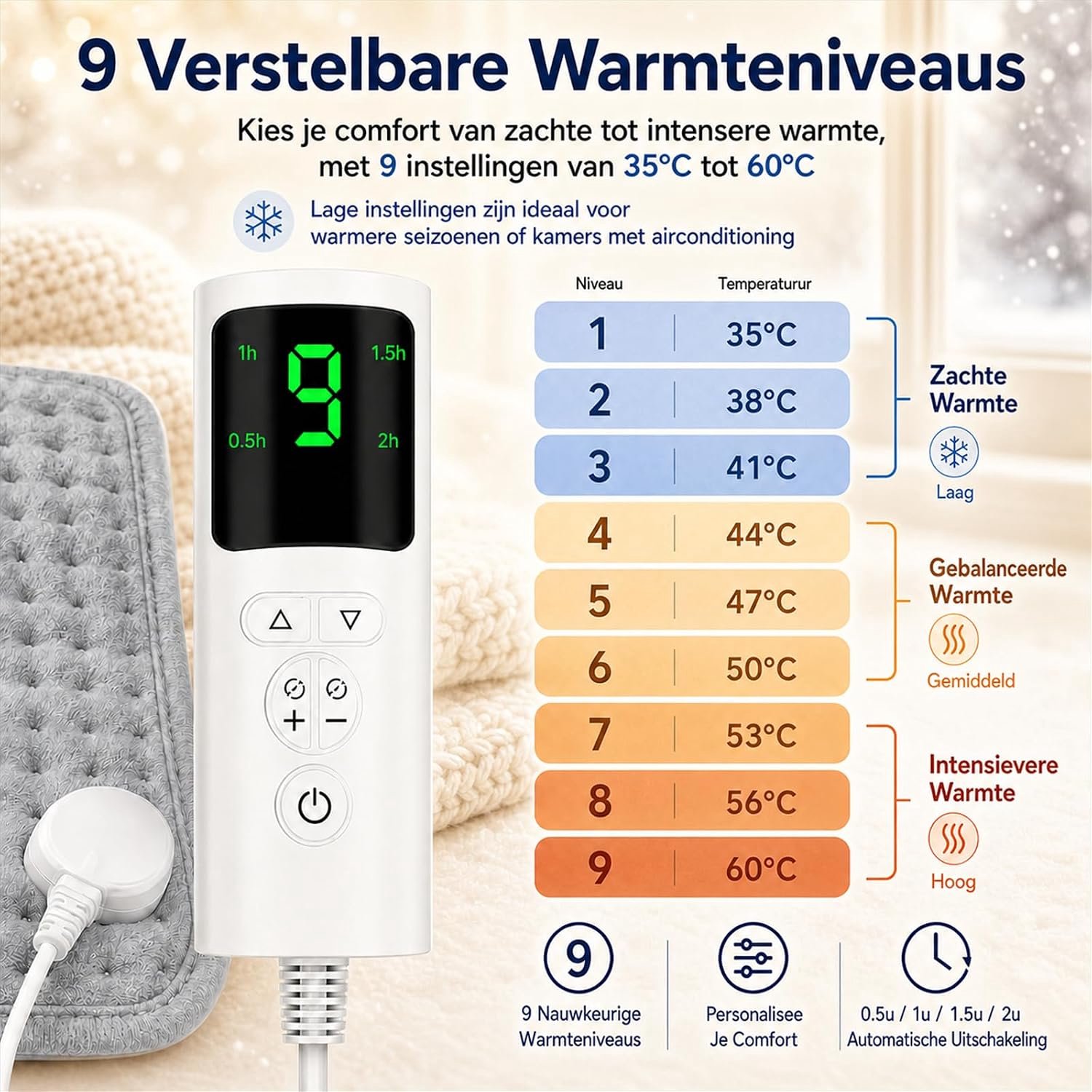 VHV-Elektrische deken 30x60cm - 9 temperatuurinstellingen, 4 timerfuncties - 75W wasbare elektrische deken met automatische uitschakelfunctie - Grijs – foto 5