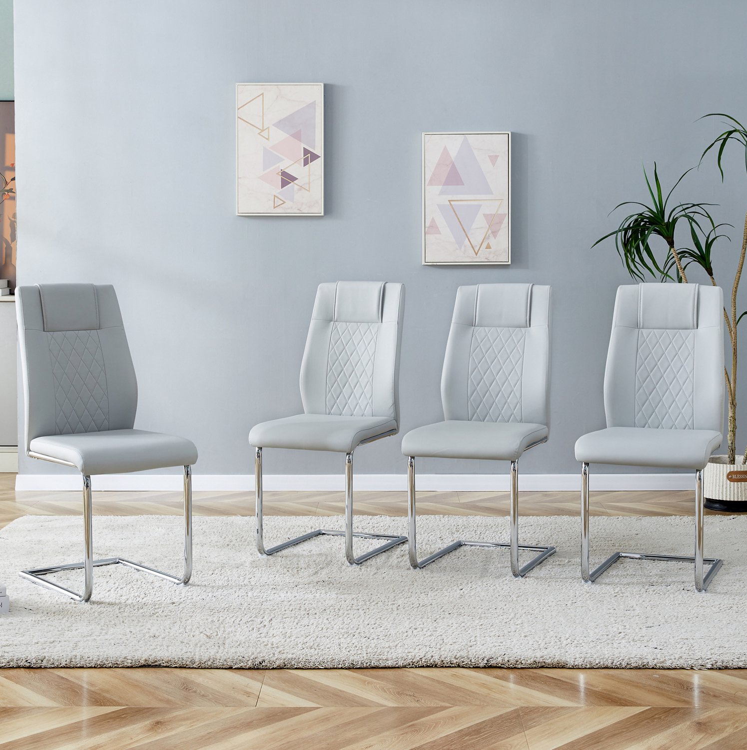 REDOM Set van 4 eetkamerstoelen - Lichtgrijs kunstleer met zilverkleurig metalen onderstel