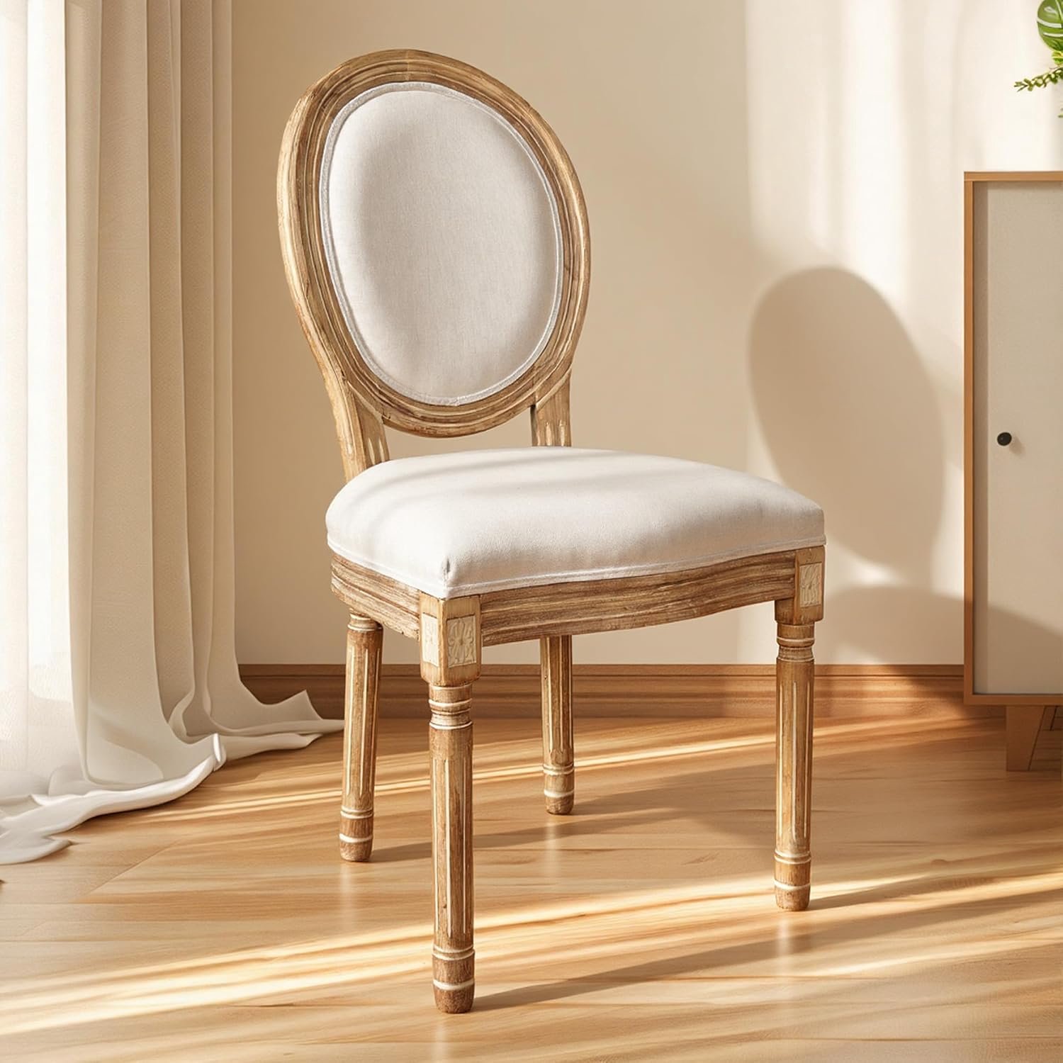 Landelijke Elegance Eetkamerstoelen Set van 2 – Retro Gestoffeerde Stoelen met Ovale Rugleuning, Comfortabele Linnenlook Zitting, Gewatteerde Bekleding, Massief Houten Poten, Krijtwit, 96,5 x 57 x 50 cm – Laurahomestore