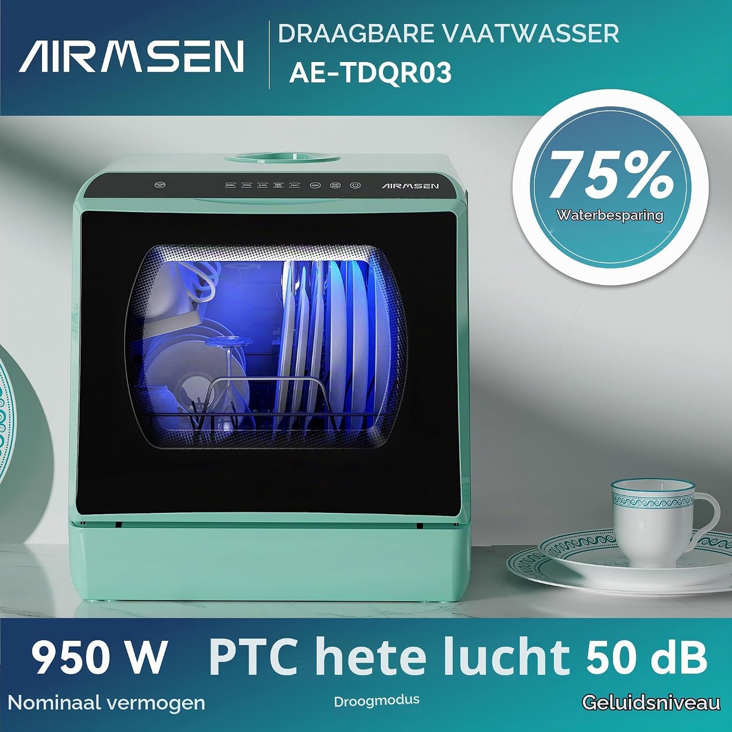 Mini Tafelvaatwasser met 5L Ingebouwd Waterreservoir & 5+1 Wasprogramma's - Draagbare Vrijstaande Afwasmachine (42.5x42.8x45.8 cm) met Extra-Dry Hot Air Functie, Touchbediening, LED Display & Groen Design voor Camper, Appartement & Studenten