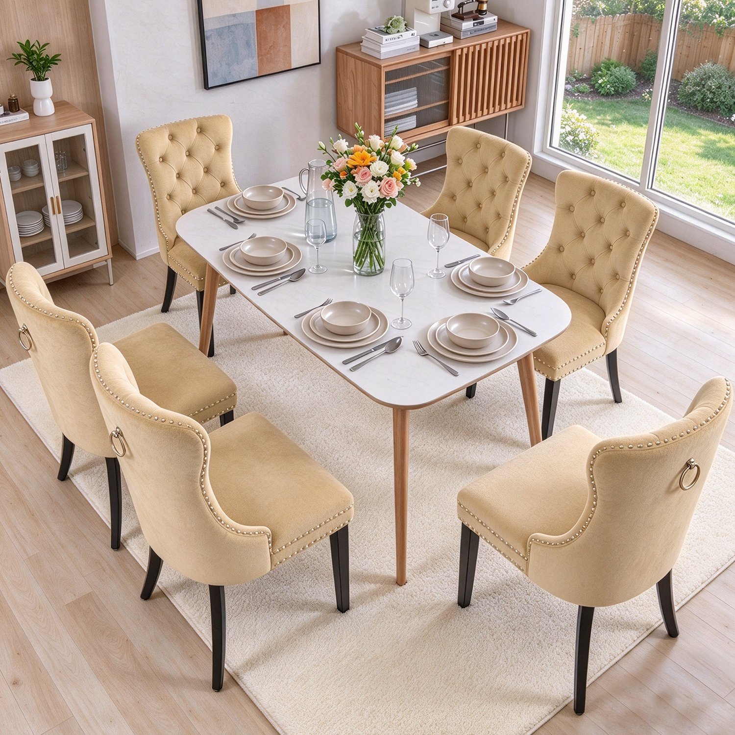 Puluomis Eetkamerstoel - Set Van 6 - Fluweelstof - Massief houten poten - Khaki