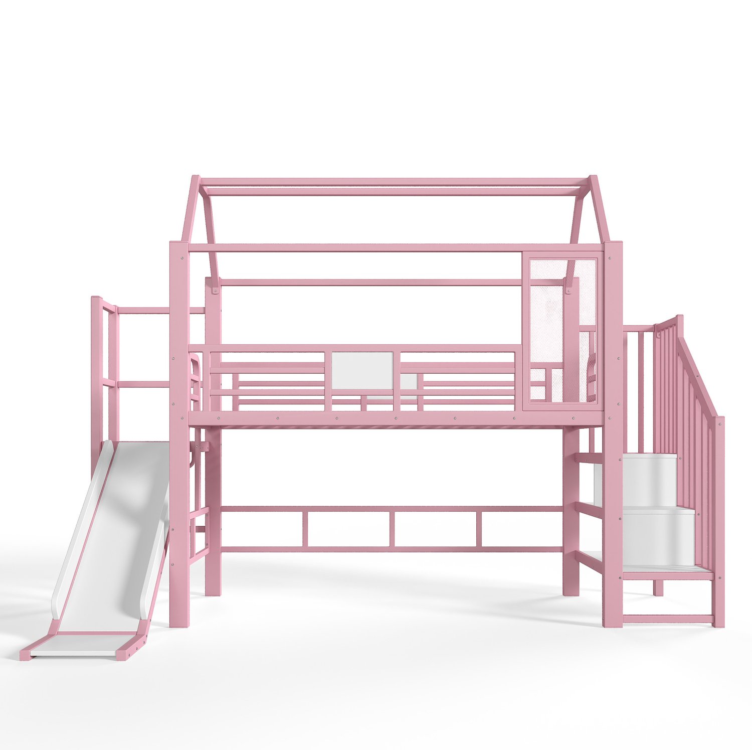WUVRIE Hoogslaper 90x200 cm - Huisvorm met glijbaan, trap en Bluetooth-LED - Roze
