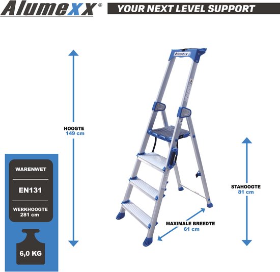 Alumexx huishoudtrap met 4 treden, werkhoogte 281 cm, totale hoogte 149 cm, stahoogte 81 cm en gewicht 6,0 kg.