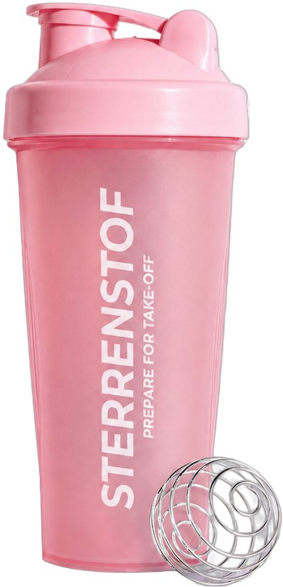 Roze Sterrenstof shakebeker met wit logo en metalen mix-bal.