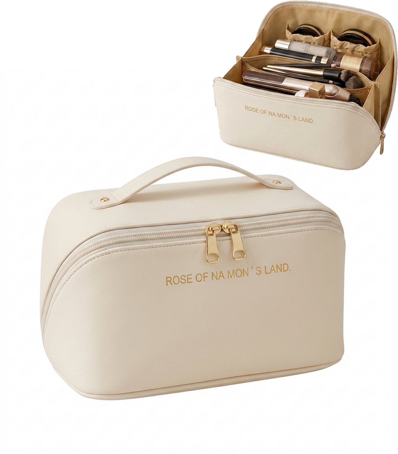 Make-up Tas Dames & Meisjes - Grote Toilettas voor Reizen & Vakantie - Beauty Case met Grote Opening - Cosmetica Organizer met Vakken - Waterafstotend PU Leer - Reis Etui voor Make up & Verzorging - Handige Badkamer Opbergtas - Beige
