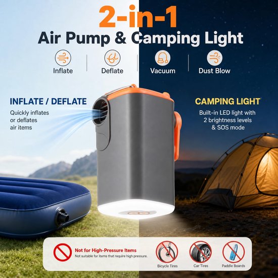Elektrische luchtpomp, compacte, draagbare elektrische luchtpomp, 3-in-1 op- en afvoerpomp met ledlicht, oplaadbare accu, luchtcompressor met 5 opzetstukken, voor camping, luchtmatras, zwembad — afbeelding 3