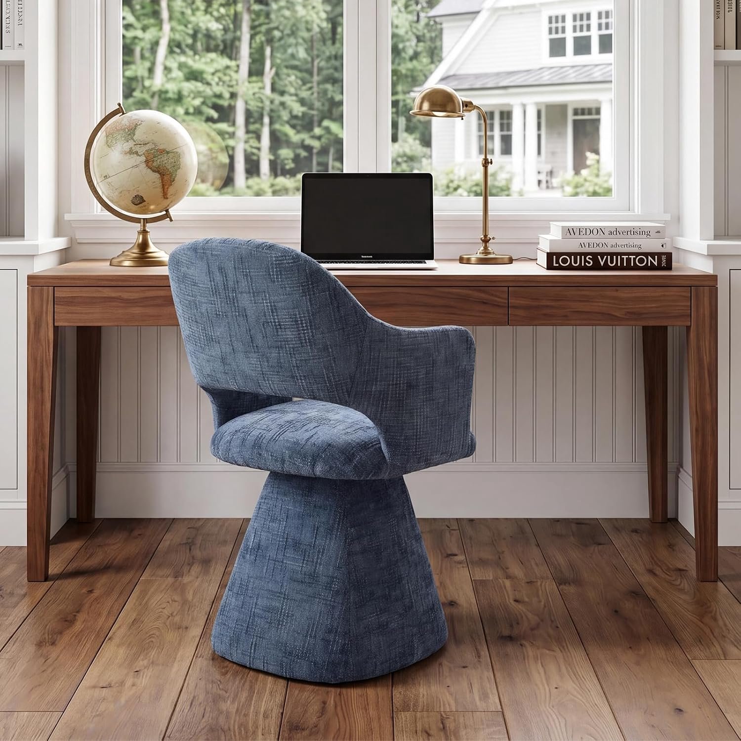 Retro Luxe Draaibare Eetkamerstoelen Set van 4 met Chenille Bekleding, Armleuningen, 360° Draaifunctie en Metalen Onderstel, Blauwe Gestoffeerde Keukenstoelen voor Eetkamer, Woonkamer en Restaurant