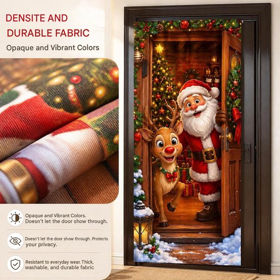 Kerstdeurposter met Kerstman en rendier bij een open deur; toont duurzame, ondoorzichtige stofkwaliteit.